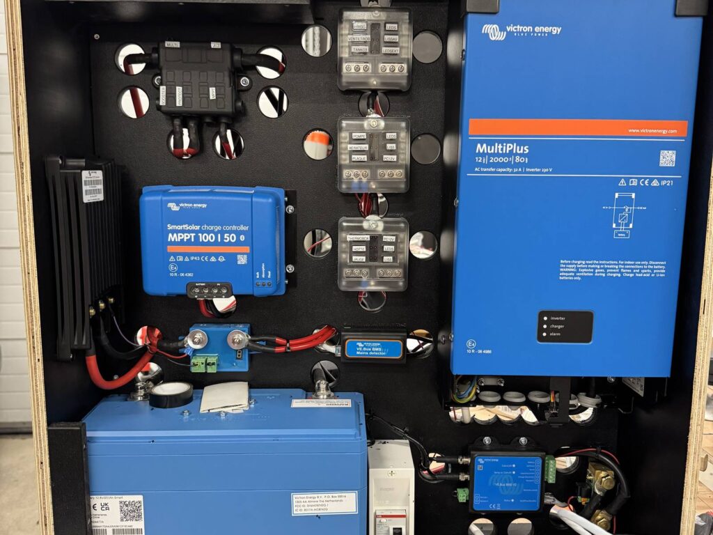 Tableau électrique d'un van aménagé : chargeur-convertisseur, régulateur solaire, batterie et protections