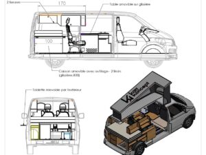 Van professionnel et familial par Karr Koncept : plans d'aménagement de profil et de face, avec un rendu 3D toit relevé